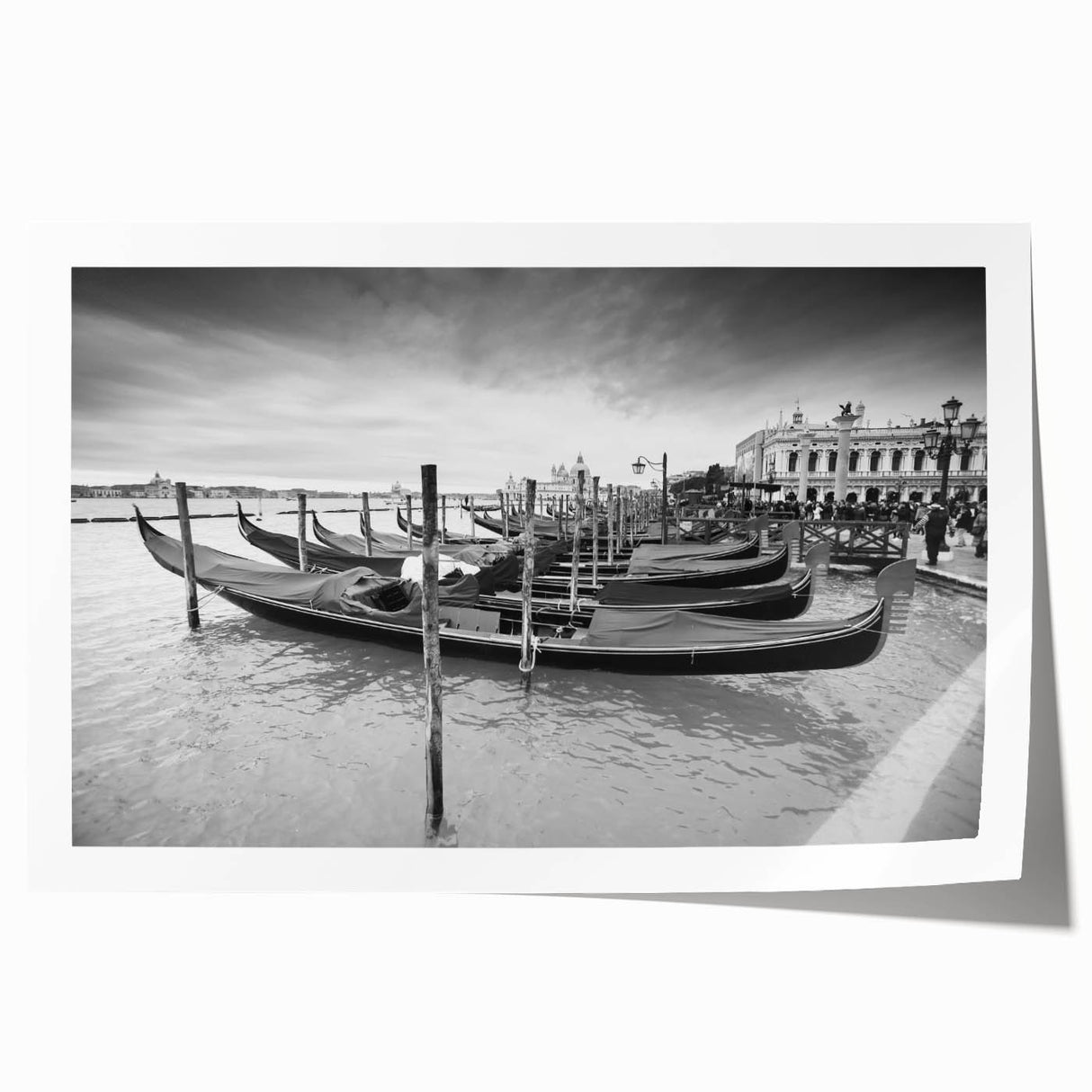 Extra large wall art featuring a line art gondola on a muted blue and gray background, printed on rolled canvas.