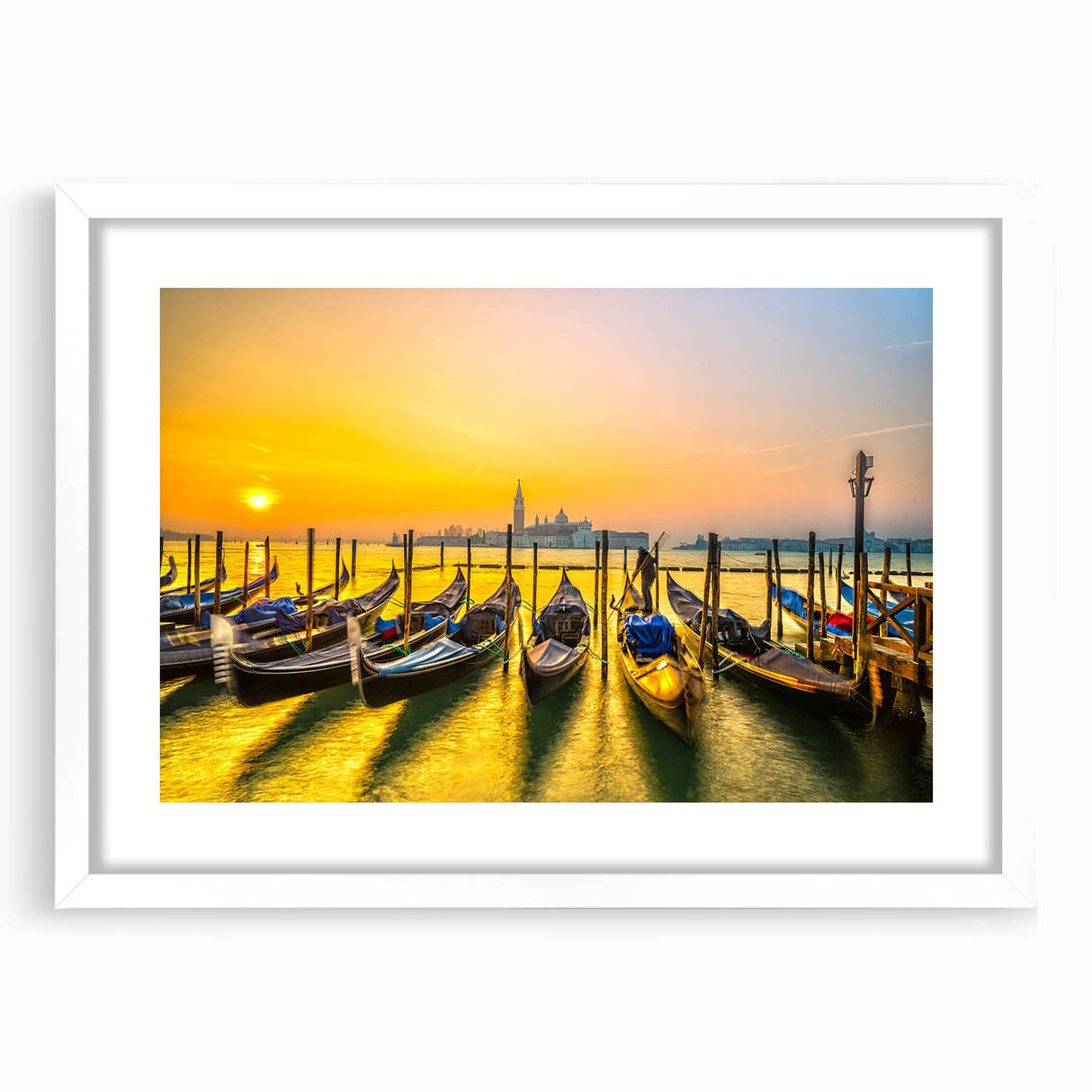 Extra large abstract art print of a gondola in muted blue and gray tones on textured canvas, ideal for living room decor.