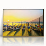 Mid-century modernist art deco poster featuring a minimalist gondola on a canal, in muted gold and black hues.