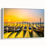 Framed canvas of a vintage-style gondola on a serene lake, in muted black and gray tones, ideal for bedroom wall art.