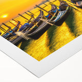 Art Deco style poster of a gondola on serene waters, using muted blue and gray tones on rolled canvas.