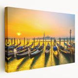 Venetian gondola on calm water, rendered in muted blues and grays on stretched canvas, suitable for kitchen wall art.