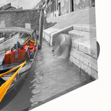 Large abstract depiction of a gondola on water in muted earth tones on acrylic glass, ideal for dining room art.