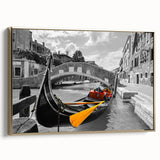 Framed canvas featuring a vintage gondola on a black background with colorful accents, ideal for living room decor.