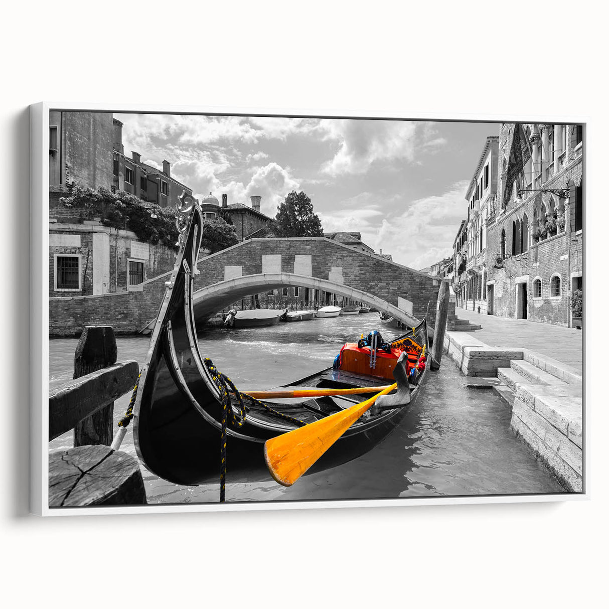 Framed canvas wall art featuring a vintage-style gondola landscape in black and white tones, ideal for bedroom decor.