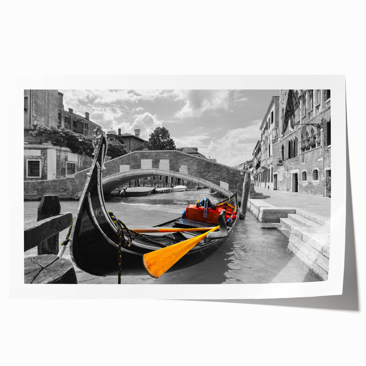 Venetian gondola on a calm canal, muted earth tones on rolled canvas, ideal for dining room wall art.