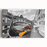 Black and white stretched canvas of a gondola on a calm river, ideal for kitchen wall art.