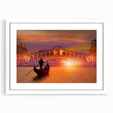 Extra large abstract art print of a gondola on textured canvas, in muted blues and grays, framed with a white mat.