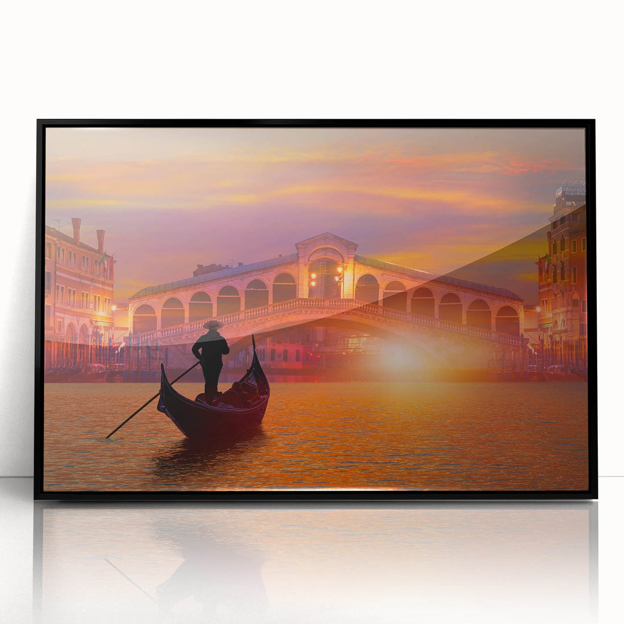 Large abstract wall art depicting a gondola on water in black and white, framed acrylic print.