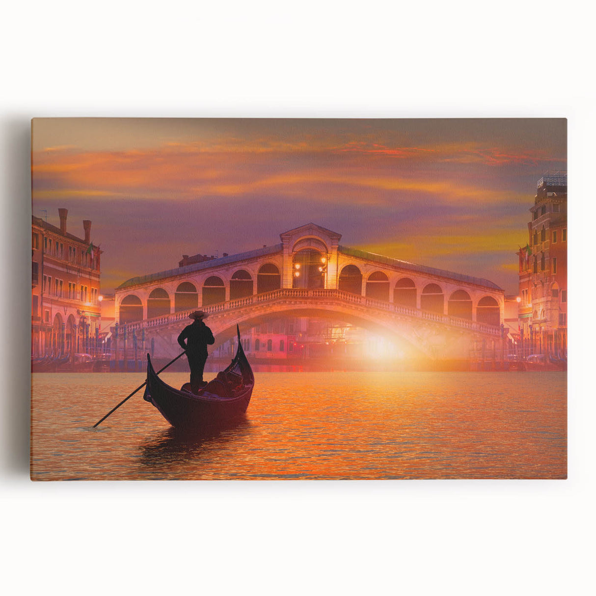Black and white photograph of a gondola on calm waters, printed on stretched canvas, suitable for kitchen wall art.