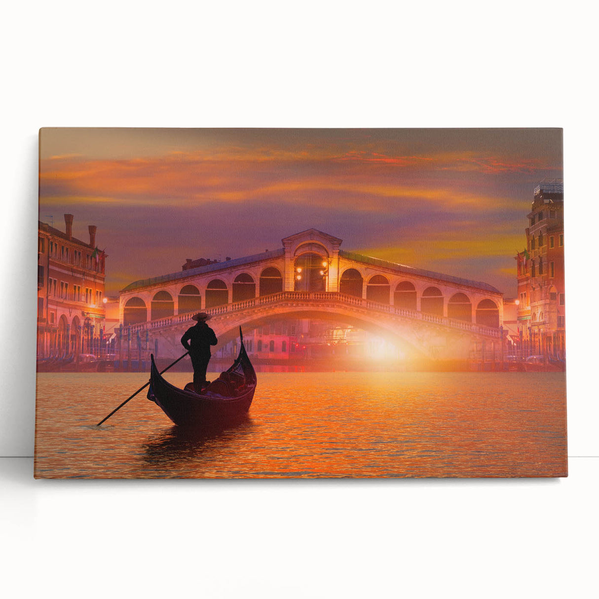 Black and white photograph of a gondola on calm waters, printed on large stretched canvas.