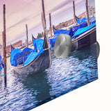 Acrylic print of a gondola in muted earth tones, suitable for dining room art in a mid-century modernist style.