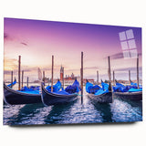 Acrylic print of a gondola on a serene waterway in muted blue and gray tones, suitable for bedroom or dining room decor.