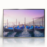 Art deco style poster of a silver-framed acrylic print depicting a gondola in muted colors.