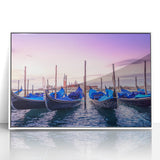 Acrylic print of a mid-century modernist gondola on a canal, framed in white, suitable for modern art wall decor.