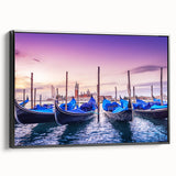 Black and white wall art featuring a vintage gondola in Venice on framed canvas, ideal for bedroom decor.