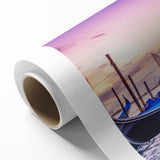Art deco poster of a gondola on calm waters in muted blue and gray tones on rolled canvas, ideal for nursery wall art.