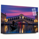 Acrylic print of a gondola on a serene canal, using muted blue and gray tones, suitable for bedroom or dining room art.