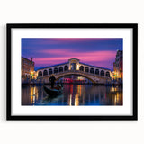 Abstract art print of colorful gondolas on textured canvas, framed in black, ideal for living room decor.