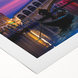 Art deco poster of a gondola on a serene canal, rendered in soft blue and gray tones on rolled canvas.