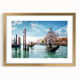 Textured art print of an abstract gondola on water, using muted earth tones on a framed gold mat, suitable for bedroom decor.