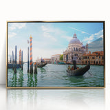 Mid-century modernist art deco poster featuring a gondola in muted gold tones on framed acrylic, ideal for nursery wall art.