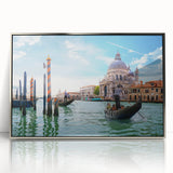 Art deco poster of a silver-framed acrylic print featuring a gondola on calm waters.