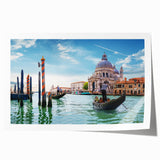 Venetian gondola in muted watercolor tones on rolled print, suitable for dining room or bathroom wall art.