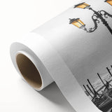 Art deco style poster of a gondola on water, in muted blue and gray tones, rolled canvas, ideal for nursery wall art.