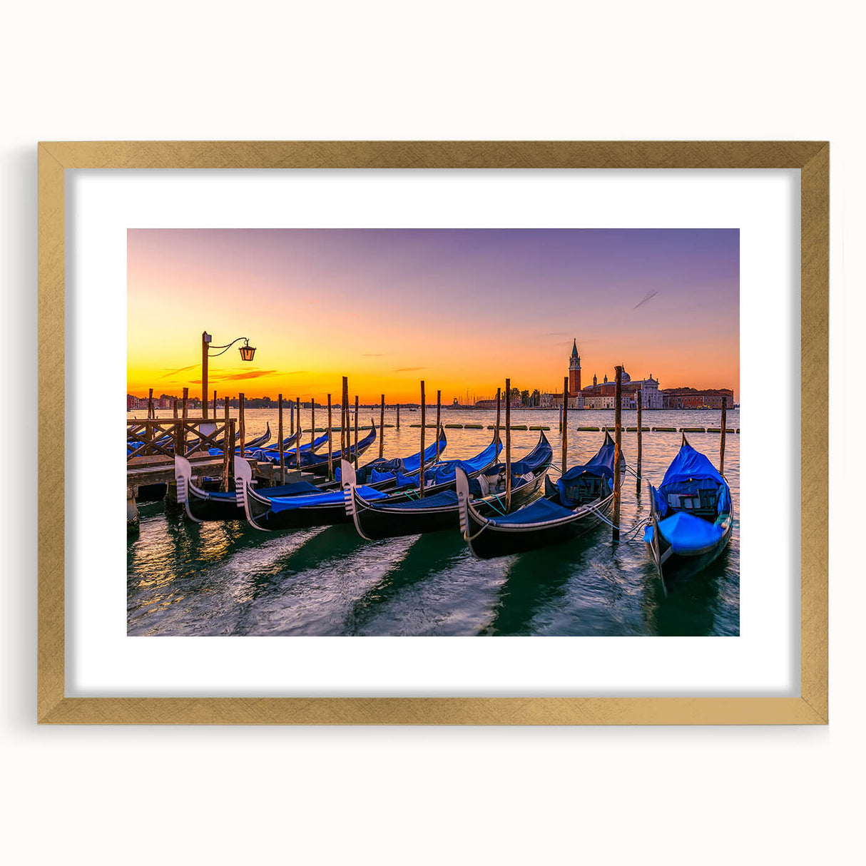 Textured art print of an abstract gondola on a canvas, featuring muted blue and gray tones, framed in gold.