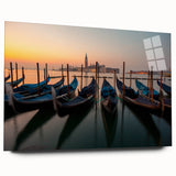 Acrylic print of a gondola on a calm waterway in muted blue and gray tones, ideal for bedroom or dining room art.