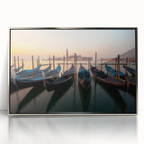 Art Deco style poster of a silver-framed acrylic depicting a gondola, in muted blues and grays.