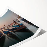 Extra large rolled print depicting a gondola on calm waters, executed in muted blues and grays.