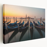 Venetian gondola on a serene canal, rendered in muted earth tones on a large stretched canvas, suitable for kitchen wall art.