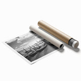 Extra large wall art featuring a gondola on a muted blue and gray canal, ideal for classy bathroom decor.
