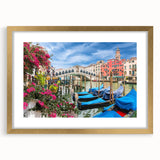 Abstract textured art print of gondolas on water, in muted earth tones, framed in gold, suitable for bedroom decor.