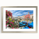 Abstract art print of a stylized gondola in silver frame, using cool blue and gray tones, ideal for dining room decor.