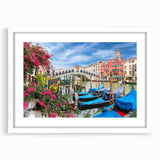 Extra large abstract art print featuring a textured depiction of a gondola, in muted earth tones, framed with a white mat.