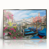 Art deco poster of a silver-framed acrylic print featuring a gondola on water, ideal for modern nursery wall art.