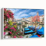 Framed canvas featuring a black and white vintage poster of a gondola in a canal, ideal for bedroom wall art.