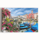 Black and white photograph of a gondola on calm waters, printed on large stretched canvas, ideal for kitchen wall art.