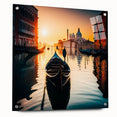 Acrylic print of a gondola on water in muted blue and gray tones, suitable for dining room decor.