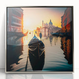 Art deco poster of a gondola on calm waters, with muted blue and silver tones on a framed acrylic.