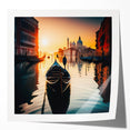 Venetian gondola on calm water, rolled print with soft blue and gray tones, ideal for art wall dining room.