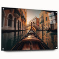 Acrylic print of a gondola on calm waters in muted blue and gray tones, suitable for dining room decor.