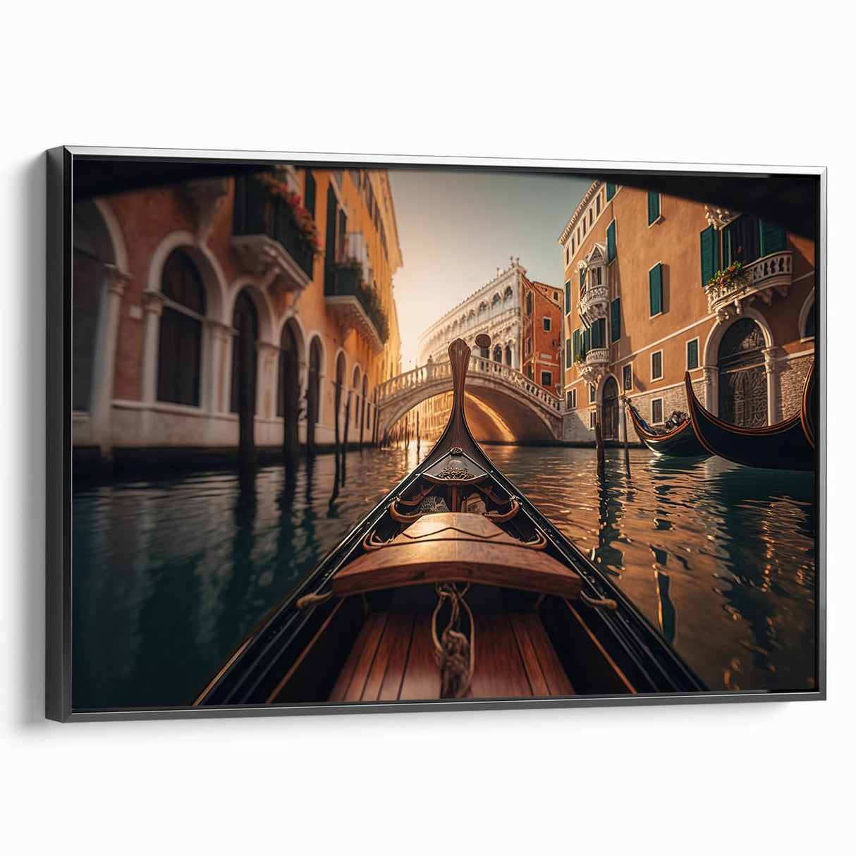 Black and white framed canvas of a vintage gondola landscape, ideal for bedroom wall decor.