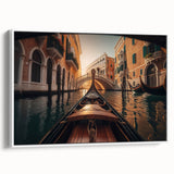Framed canvas featuring a vintage poster of a black gondola on a canal, ideal for bedroom wall art.