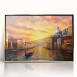 Mid-century modernist art featuring a gondola on water, in muted gold and blue tones.