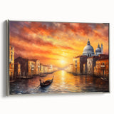 Vintage poster art of a gondola on water, in a silver frame on canvas, with a palette of black and vibrant colors.