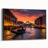 Black and white framed canvas of a vintage gondola landscape, ideal for bedroom wall decor.